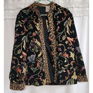 Women's Tapestry Floral Jacket Medium Leopard Print Trim Art Blazer Boho 90s Vtg